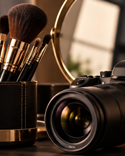 Professional makeup brushes, mirror and camera