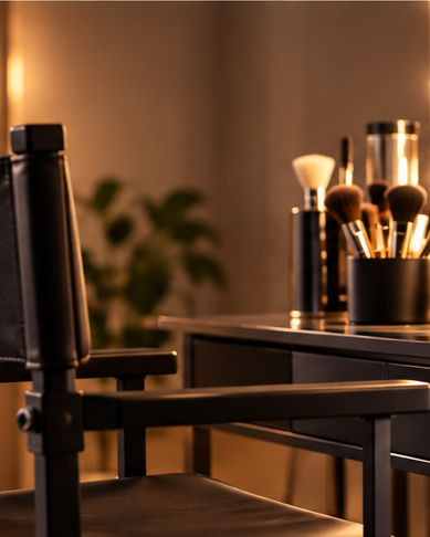 Professional makeup studio with chair, mirror, brushes and lighting
